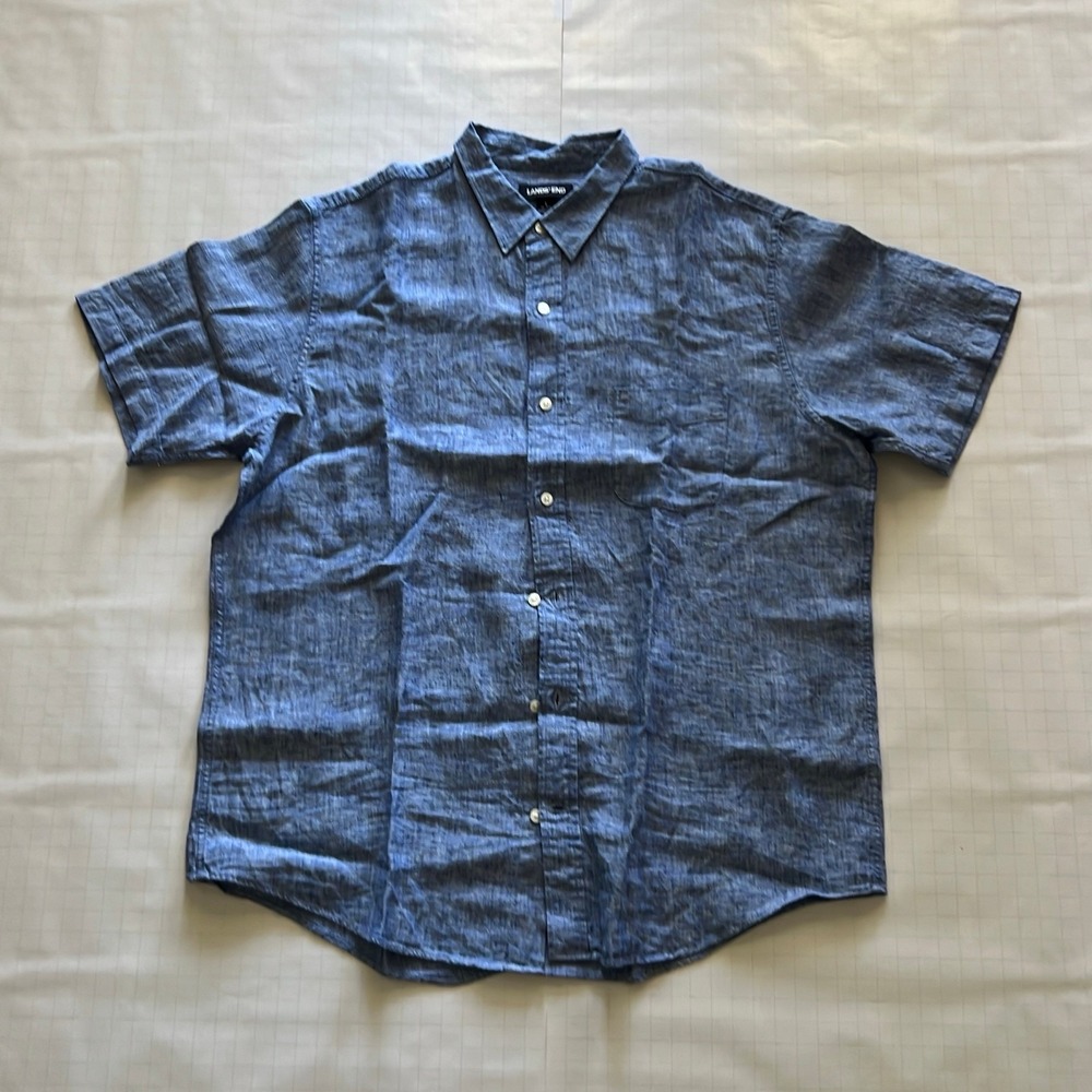 Lands' End Men's Button Down Shirt Large Cobalt Blue Long Sleeve Cotton Solid